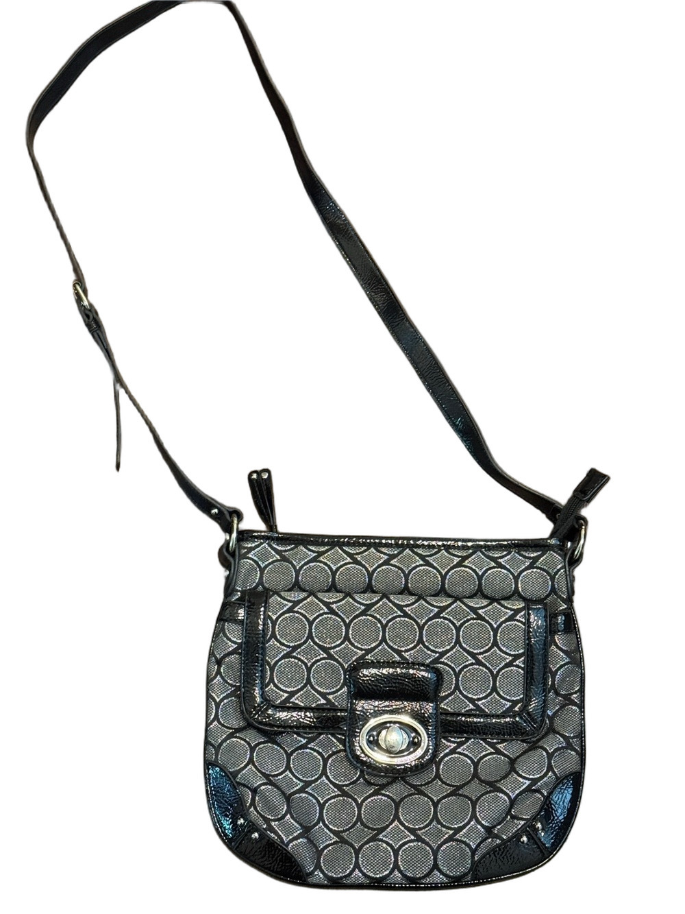 Nine West Black & Metallic Gray Patterned Crossbody with Patent Trim